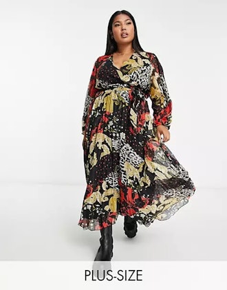 River Island Plus pleated wrap midaxi dress in mixed print