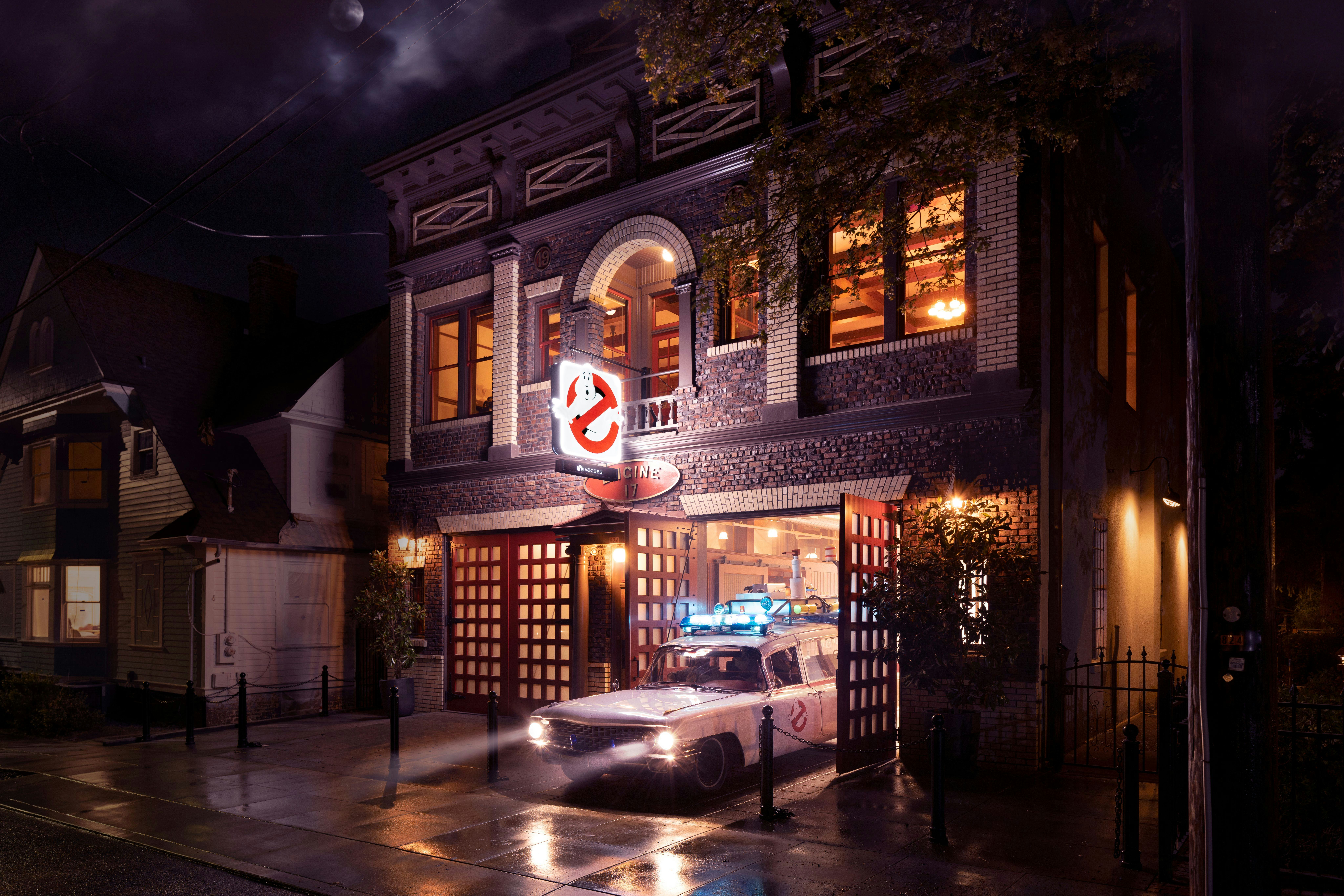 Ghostbusters firehouse featuring the iconic Ghostbusters car