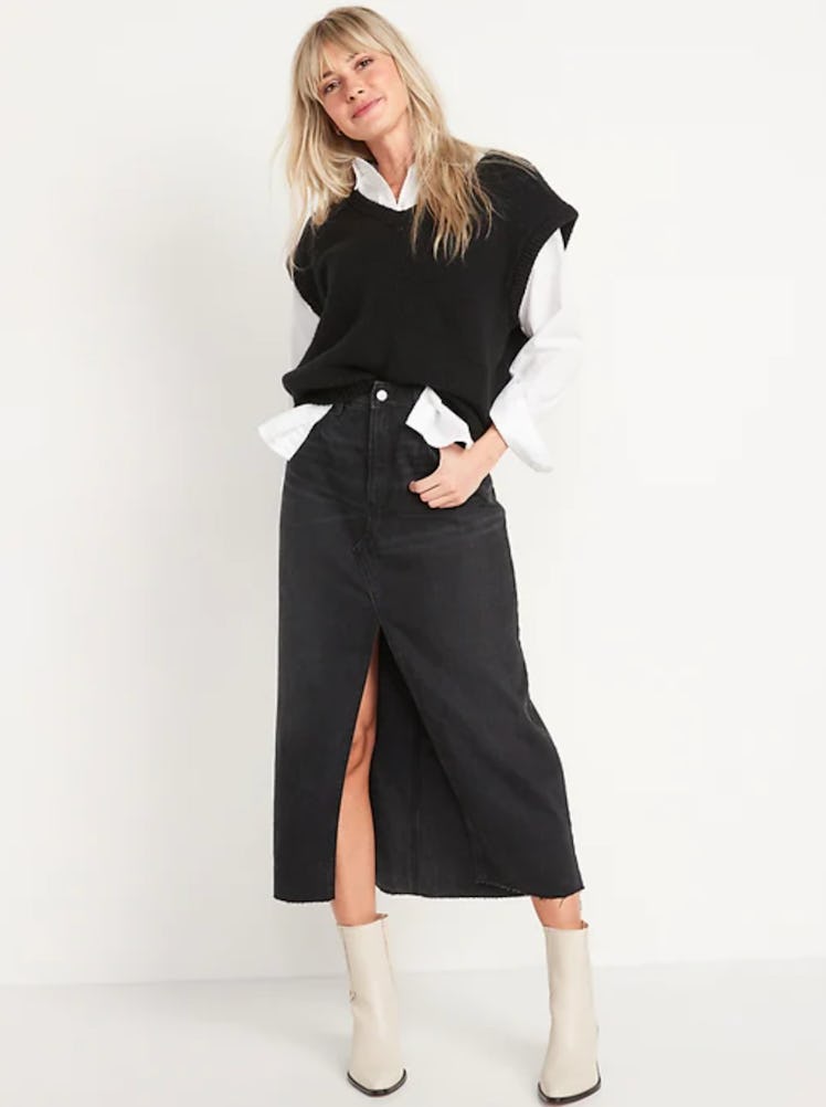 High-Waisted Black-Wash Split-Front Maxi Non-Stretch Jean Skirt