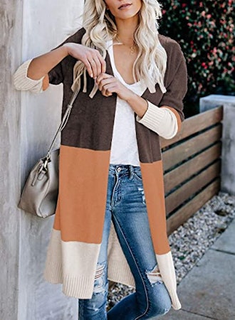 CARDYDONY Open Front Color Block Cardigan