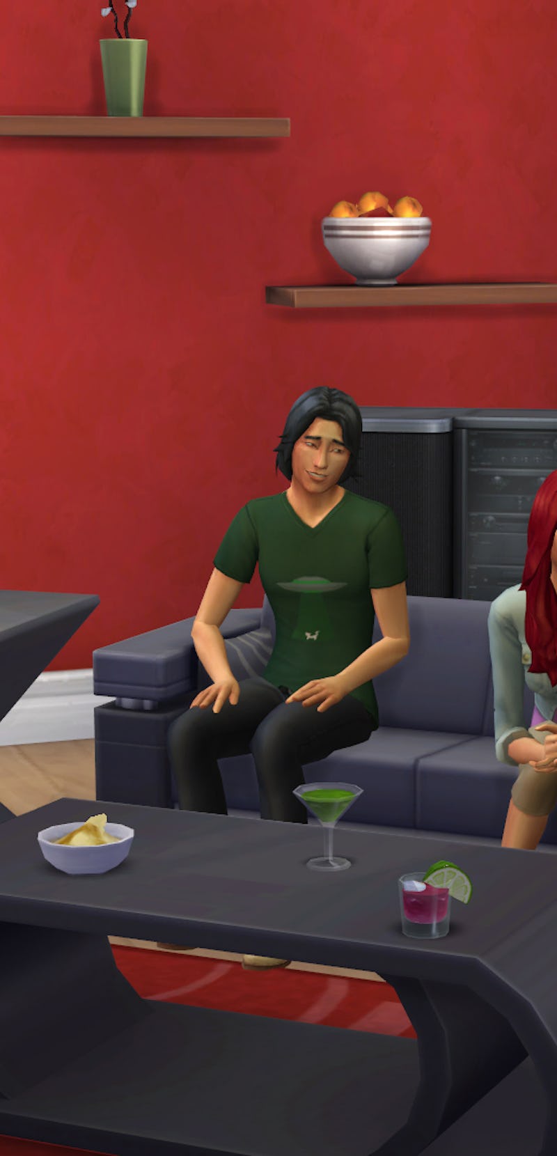 Sims hanging out in living room on couches