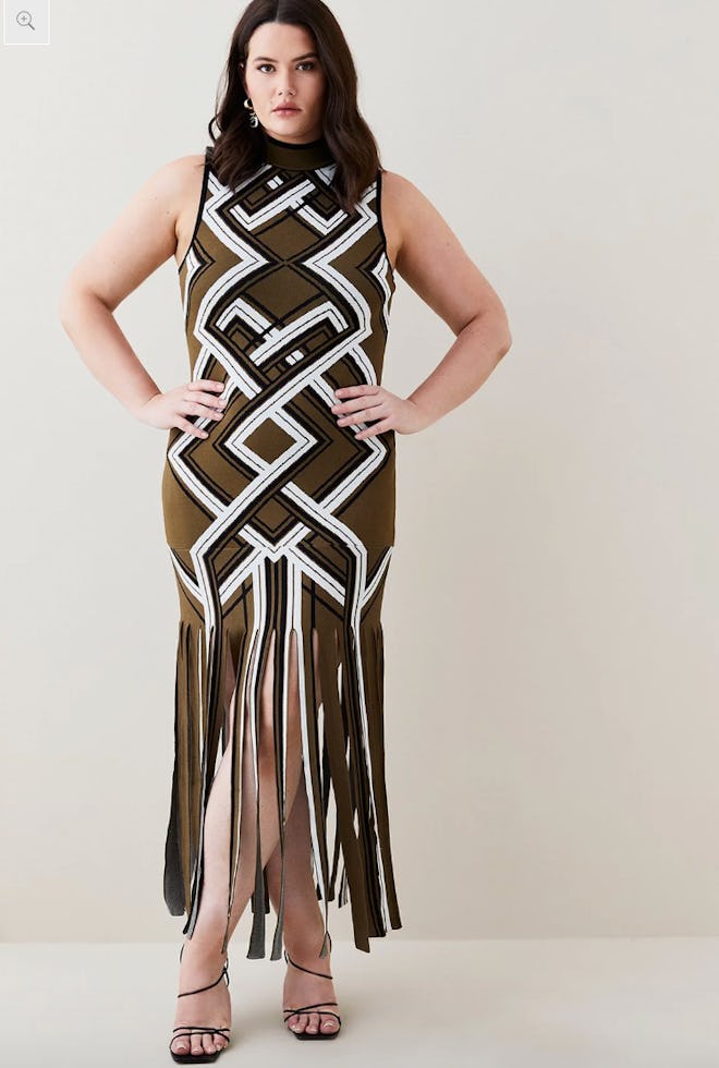 Plus Size Sliced Hem Placement Stripe Knit Midi Dress