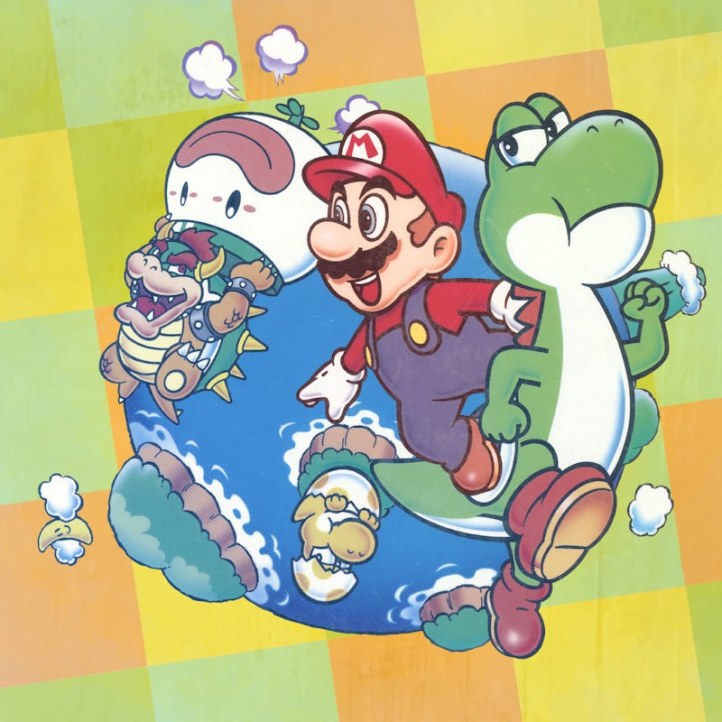 The characters from Super Mario Bros on a checkered background 