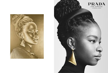 the poet Amanda Gorman wearing a single gold prada earring