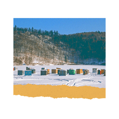 A collection of ice fishing shanties in Vermont, a great idea for friends vacations
