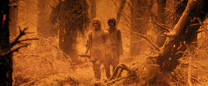 Morfydd Clark as Galadriel, and Tyroe Muhafidin as Theo in ‘The Rings of Power’