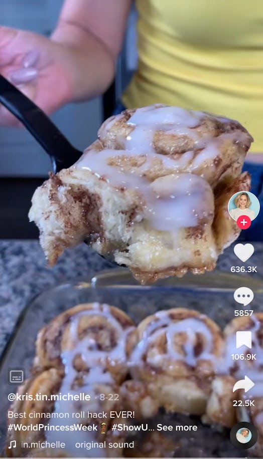 A TikToker shows how to make TikTok's cinnamon roll hack with heavy cream.