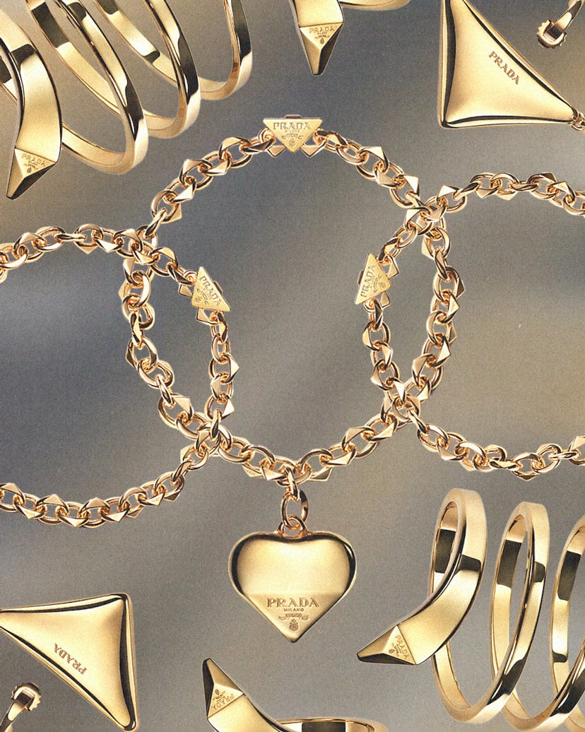 a collage of gold jewelry designed by Prada