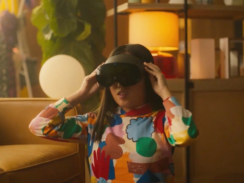 A person wearing the Meta Quest Pro AR/VR headset