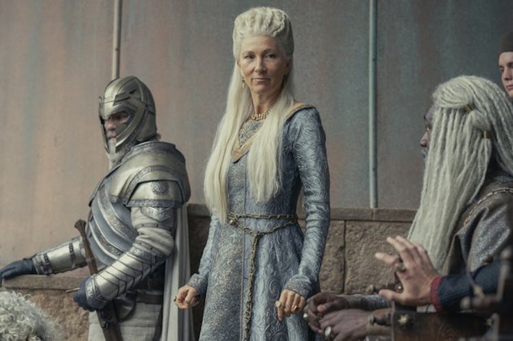 Eve Best as Rhaenys Targaryen standing next to Corlys Velaryon 