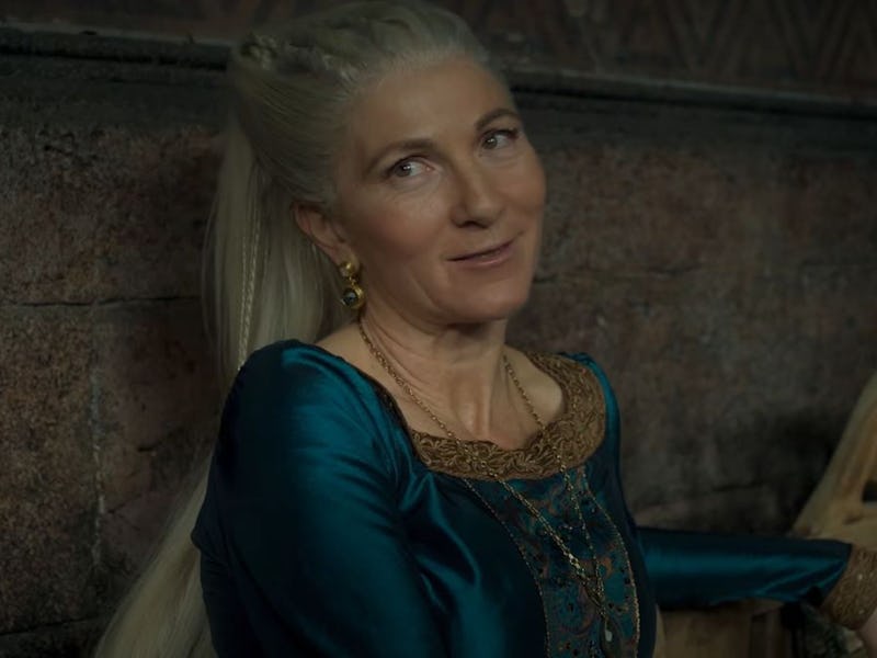 Rhaenys Targaryen smiling while talking to rhaenyra Targaryen about being a queen