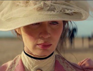 Emily Blunt wearing a Victorian-esque outfit in the trailer for The English