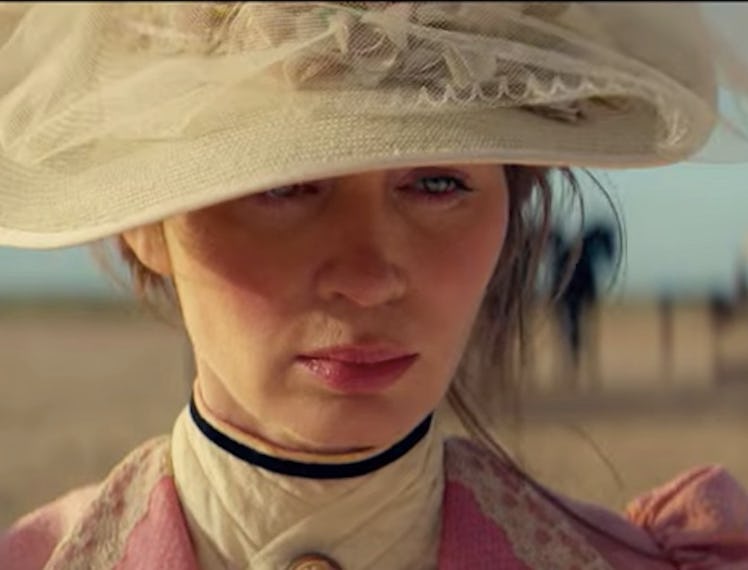 Emily Blunt wearing a Victorian-esque outfit in the trailer for The English