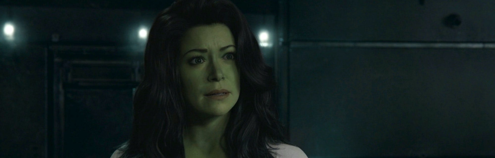 Jennifer Walters (Tatiana Maslany) looks up in confusion in the She-Hulk: Attorney at Law Season 1 f...