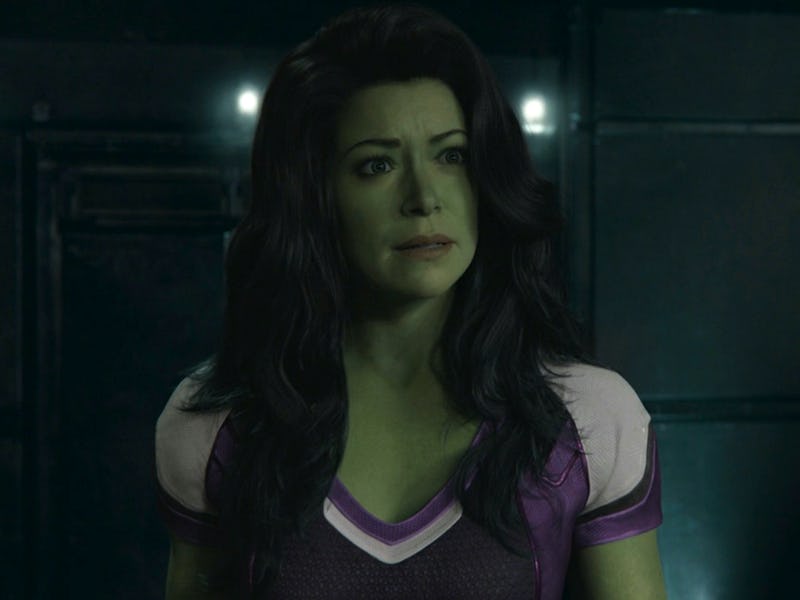 Jennifer Walters (Tatiana Maslany) looks up in confusion in the She-Hulk: Attorney at Law Season 1 f...