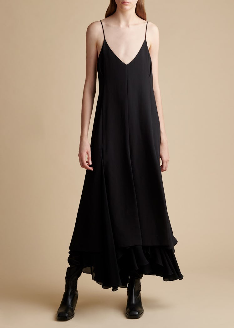 Khaite black asymmetrical slip dress