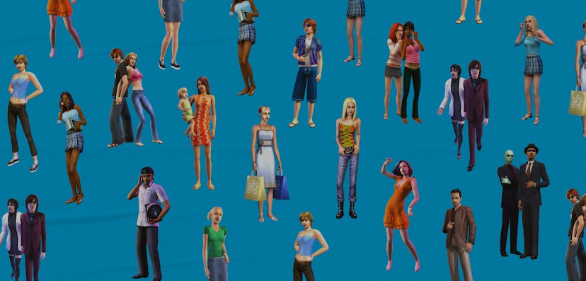 Sim characters in a collage showing evolution of fashion in Sims.