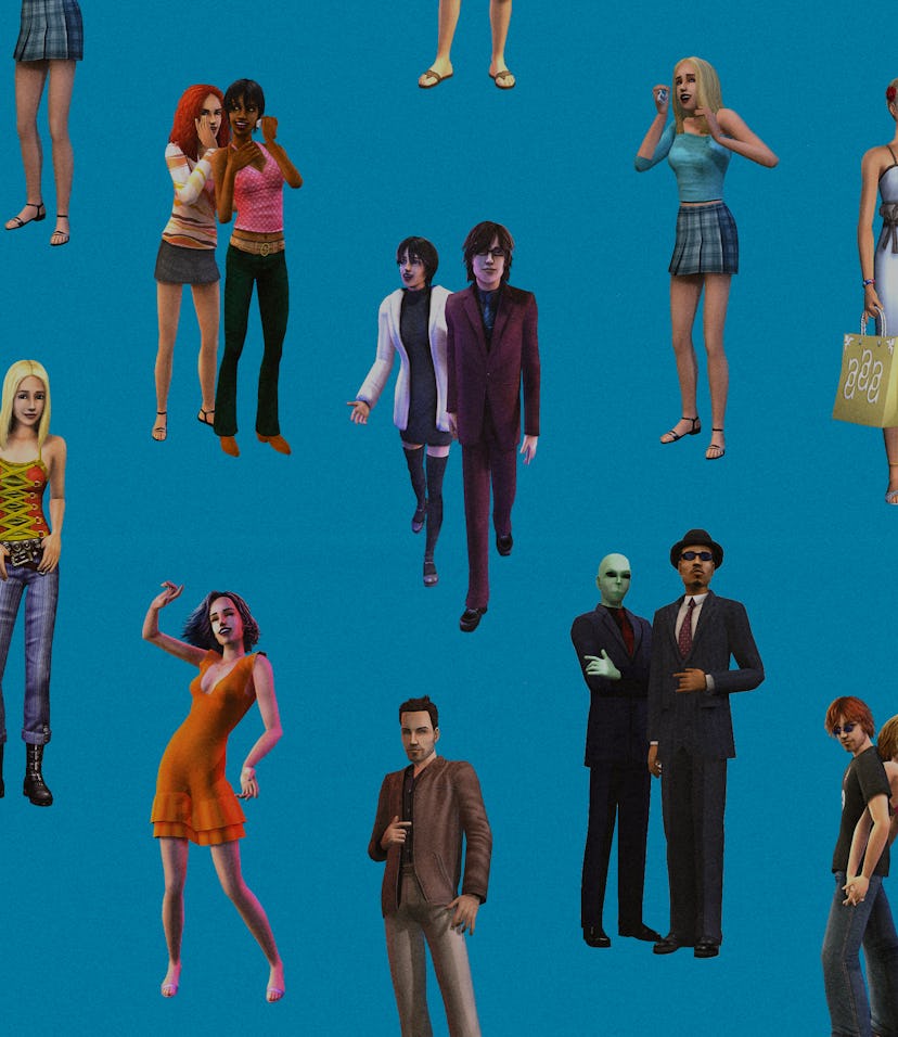 Sim characters in a collage showing evolution of fashion in Sims.