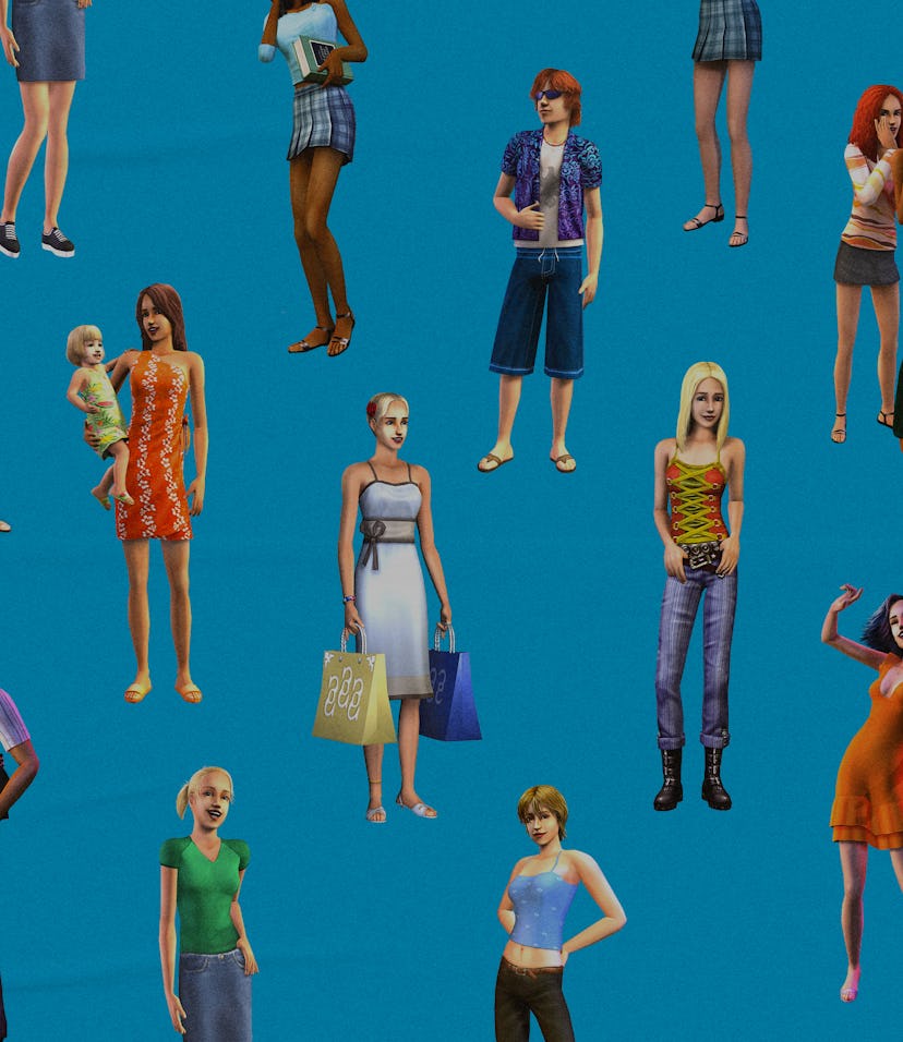 Sim characters in a collage showing evolution of fashion in Sims.