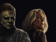 Jamie Lee Curtis and James Jude Courtney on the movie cover of the new horror sequel called Hallowee...
