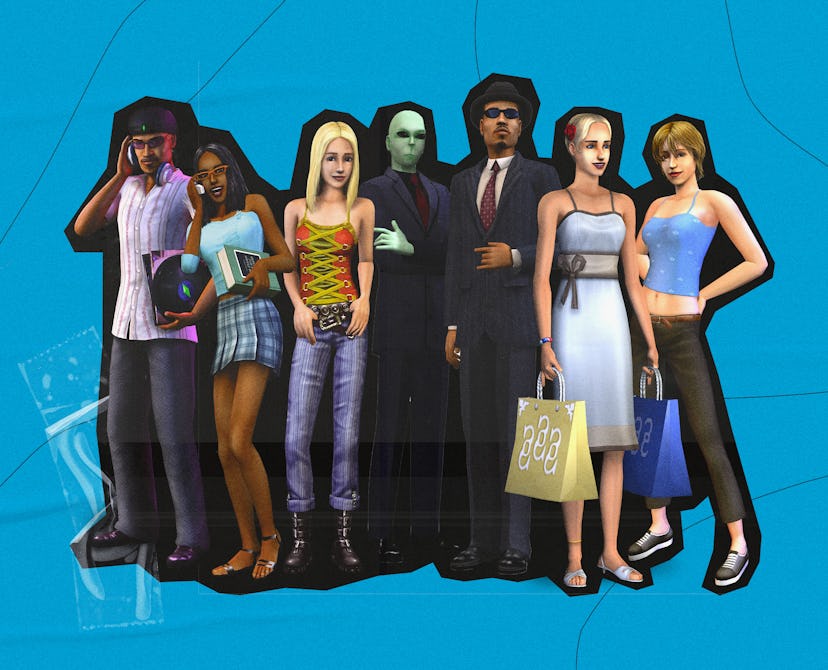 Group of Sim characters wearing Sim outfits.
