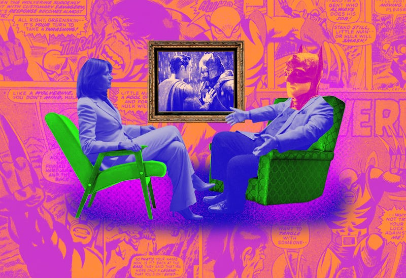 An abstract multi-colored collage of a man with a Batman head interviewing a woman