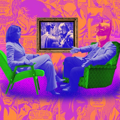 An abstract multi-colored collage of a man with a Batman head interviewing a woman