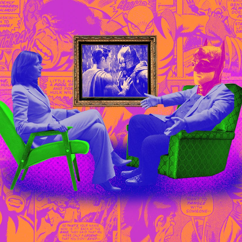 An abstract multi-colored collage of a man with a Batman head interviewing a woman