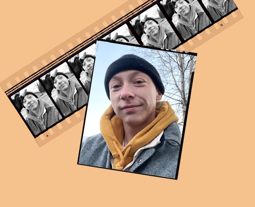 A selfie of Quinn Christopherson in the forefront and multiple selfies of him showing the peace sign...