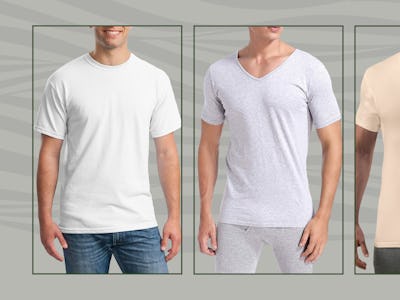 Collage of three men wearing undershirts for white dress shirts