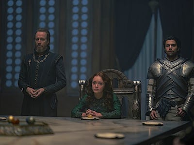 Scene from House of the Dragon TV show with three characters