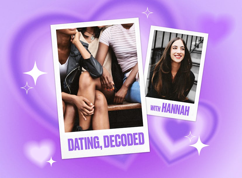 Purple collage with a couple and Hannah Orenstein, Elite Daily's Deputy Editor of Dating