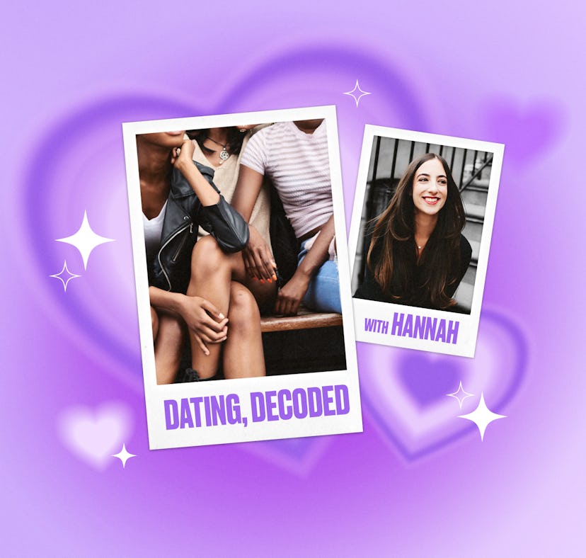 Purple collage with a couple and Hannah Orenstein, Elite Daily's Deputy Editor of Dating