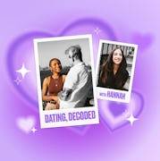 Cute purple collage with a couple talking and Hannah Orenstein, Elite Daily's Deputy Editor of Datin...