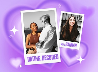Cute purple collage with a couple talking and Hannah Orenstein, Elite Daily's Deputy Editor of Datin...
