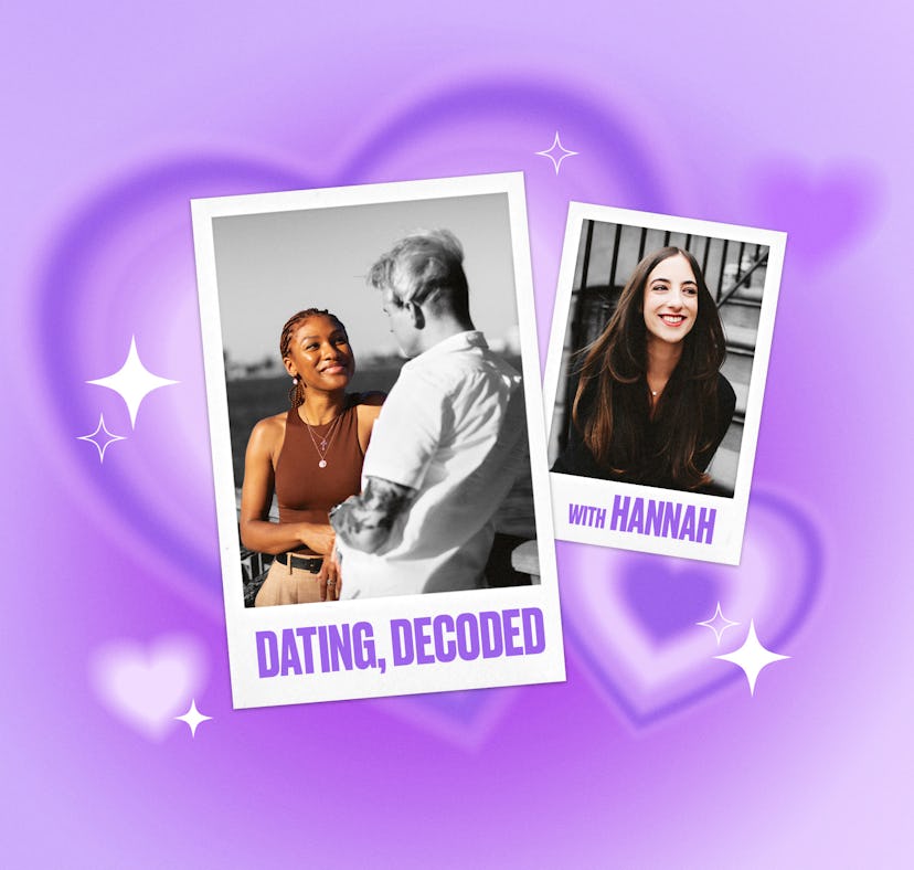 Cute purple collage with a couple talking and Hannah Orenstein, Elite Daily's Deputy Editor of Datin...