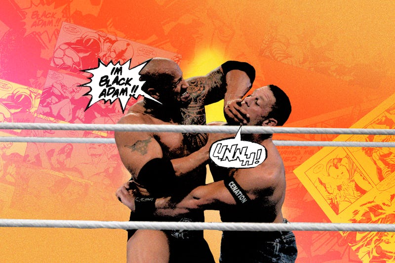 An illustration of The Rock and Black Adam fighting in a ring 