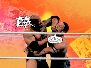 An illustration of The Rock and Black Adam fighting in a ring 