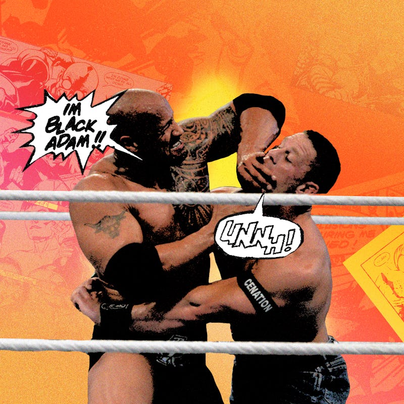 An illustration of The Rock and Black Adam fighting in a ring