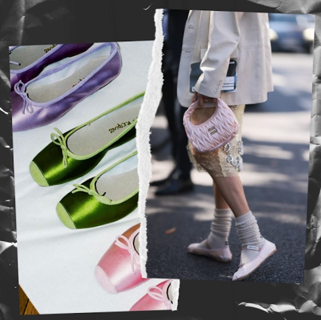 A two-part collage: blue, green and pink ballet flats next to a woman in an all-beige outfit walking...