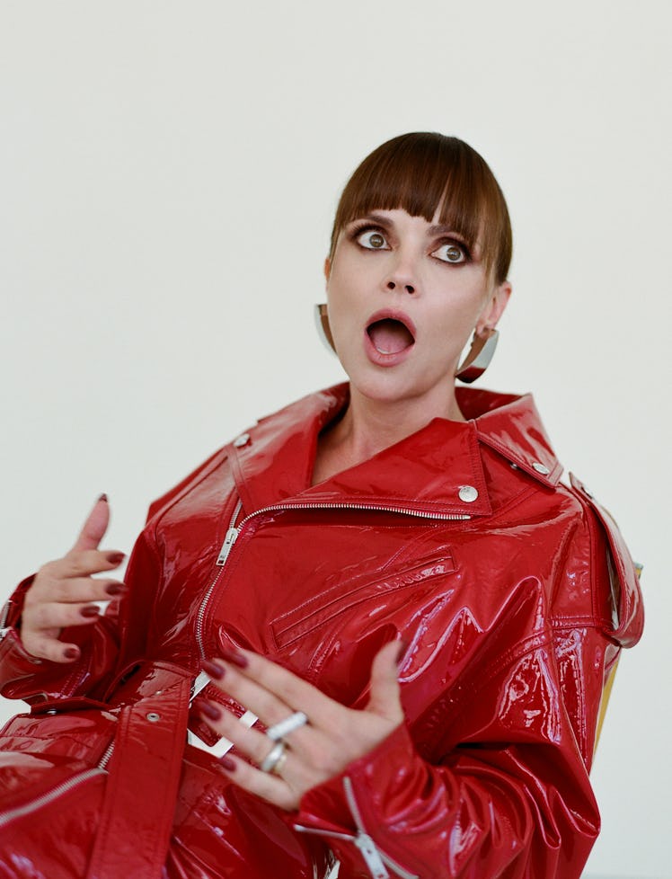 Christina Ricci in a red leather jacket