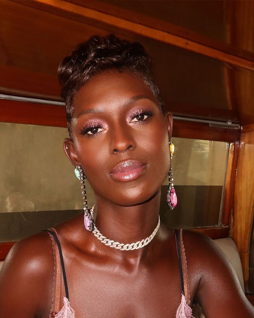 Jodie Turner-Smith in the pink sparkly eye makeup trend