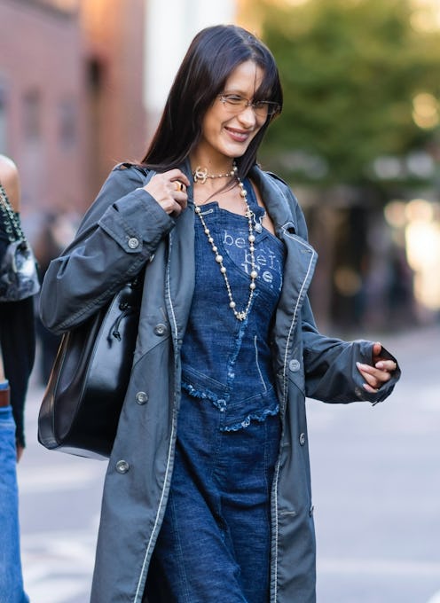 bella hadid wearing a denim dress in nyc