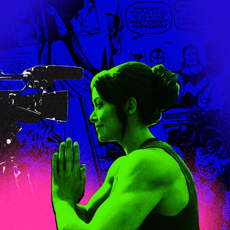 An abstract multi-colored collage with She-Hulk a movie camera and comic book pages