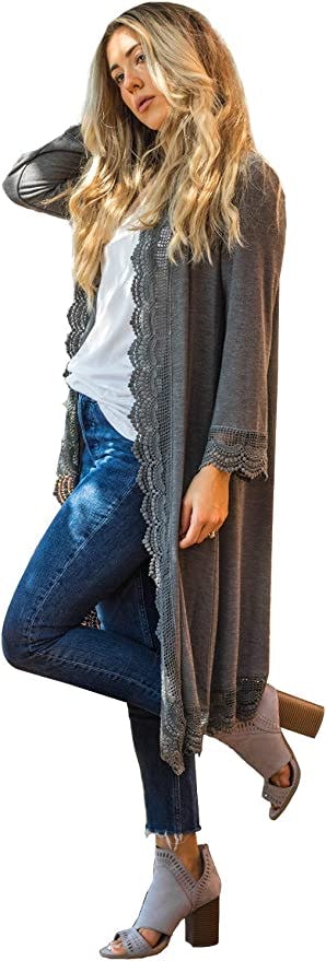Tickled Teal 3/4 Sleeve Lace Trim Cardigan