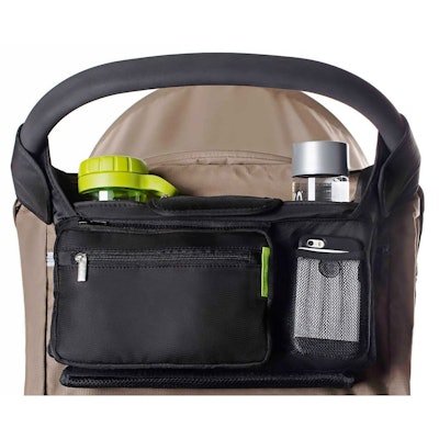 This cupholder for the uppababy vista has extra storage to carry snacks, drinks, and toys.