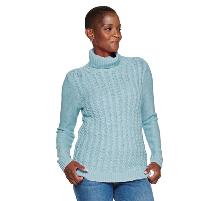 This blue cable-knit turtleneck can be part of a 'Legally Blonde' Halloween costume.