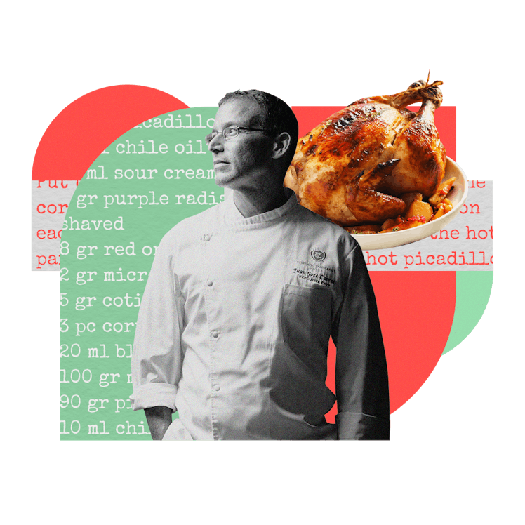 Collage of a Michelin-starred chef and a roasted chicken