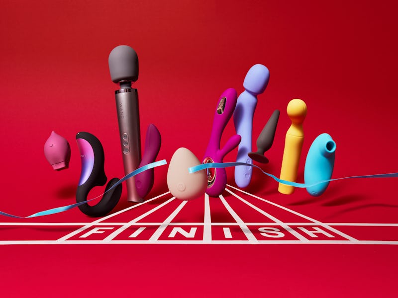 Ten sex toys at the finish line of a race