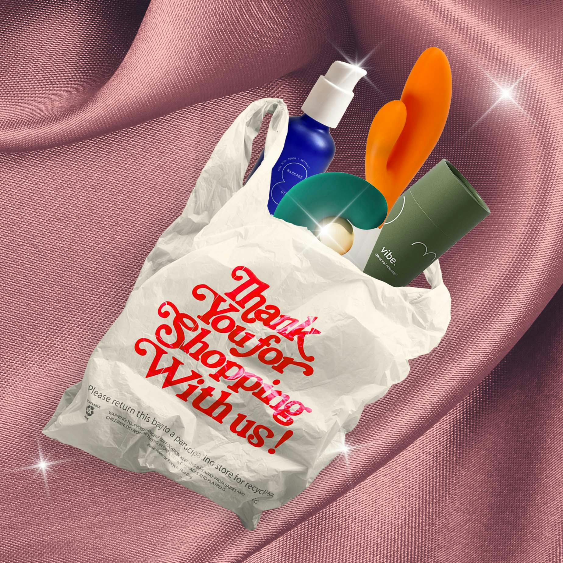 Toys, serums, oils, and personal care products in a Walmart shopping bag